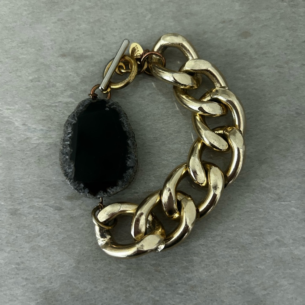 Gold Chain Bracelet with Black Geode Pendant - Women Jewelry